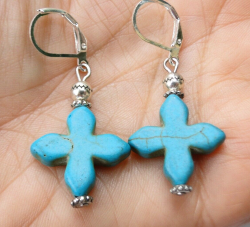 Altered Brighton Loretto Silver &Turquoise Cross On Lever Back Earrings
