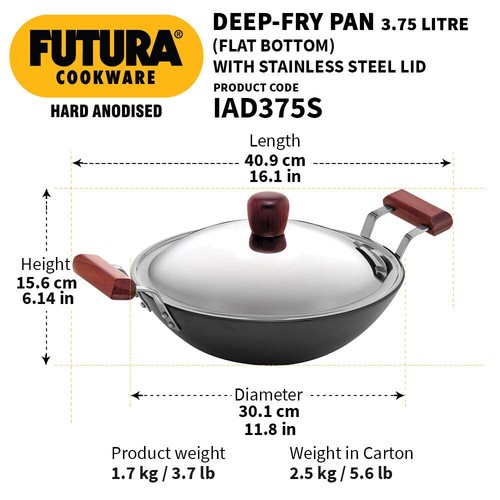 Futura Hard Anodised 3.75 L 30cm Wok/Kadai/Frying Pan Induction Base With Lid - Picture 4 of 8