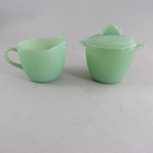 Vintage Fire King Jadeite Jane Ray Creamer & Covered Sugar Bowl Set