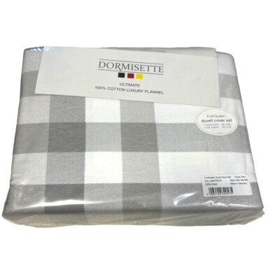 Dormisette Cotton Luxury German Flannel 3 pc Queen Duvet Cover Gray White Check