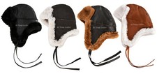 Men B3 Brown Cream Hat RAF Aviator Shearling Sheepskin WW2 Flying Trapper Hat