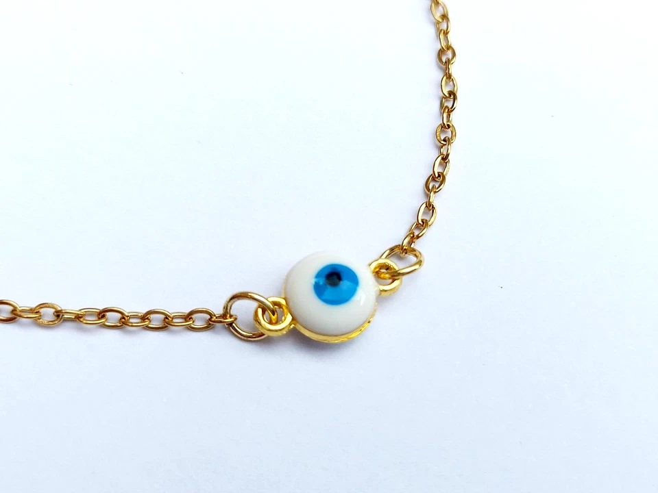 Damen 18K Vergoldet Türkische Griechische Böse Weiß & Blau Auge Armband - Bild 2 von 4