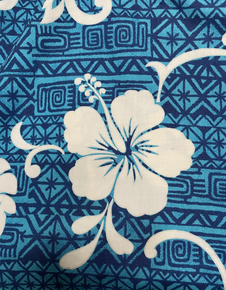 Camisa masculina branca azul havaiana real vintage XL hibisco tropical botão frontal - Imagem 3 de 4
