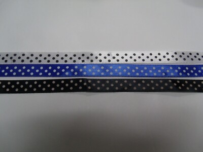 9 YDS TOTAL, POLKA DOT SATIN RIBBON, 3 YDS EACH COLOR, BLUE, BLACK WHITE *G4* 