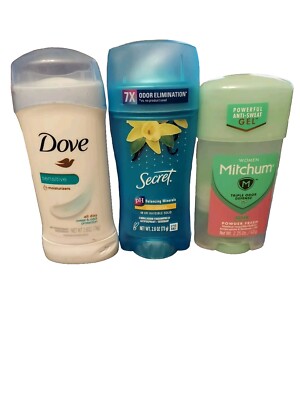 3 Deoderant Types Secret, Dove, And Women's Mitchum.