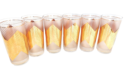 Vintage 22K GOLD GLASSES, set of 6, Gold Chevron Pattern MCM/Retro, beautiful!
