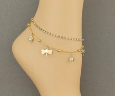 gold anklet dragonfly faux pearl dangle adjustable ankle bracelet 8-10"
