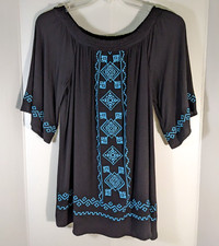 Flying Tomato Dress Black with Turquoise Embroidery Off Shoulder Size Small