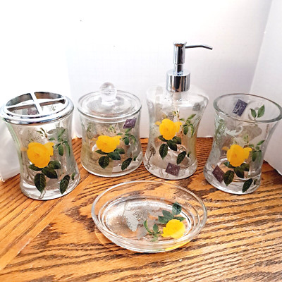  Bathroom Vanity Accessories Clear Glass With Yellow Roses 5 Pcs