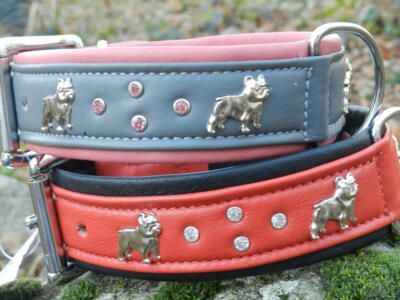 Lederhalsband französische Bulldogge Leine Strass Halsband Bully French Bulldog 