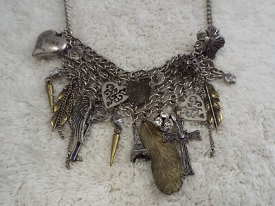 Silvertone Brass-tone Feather Heart Cross Flower Rhinestone Bib Necklace (F23)