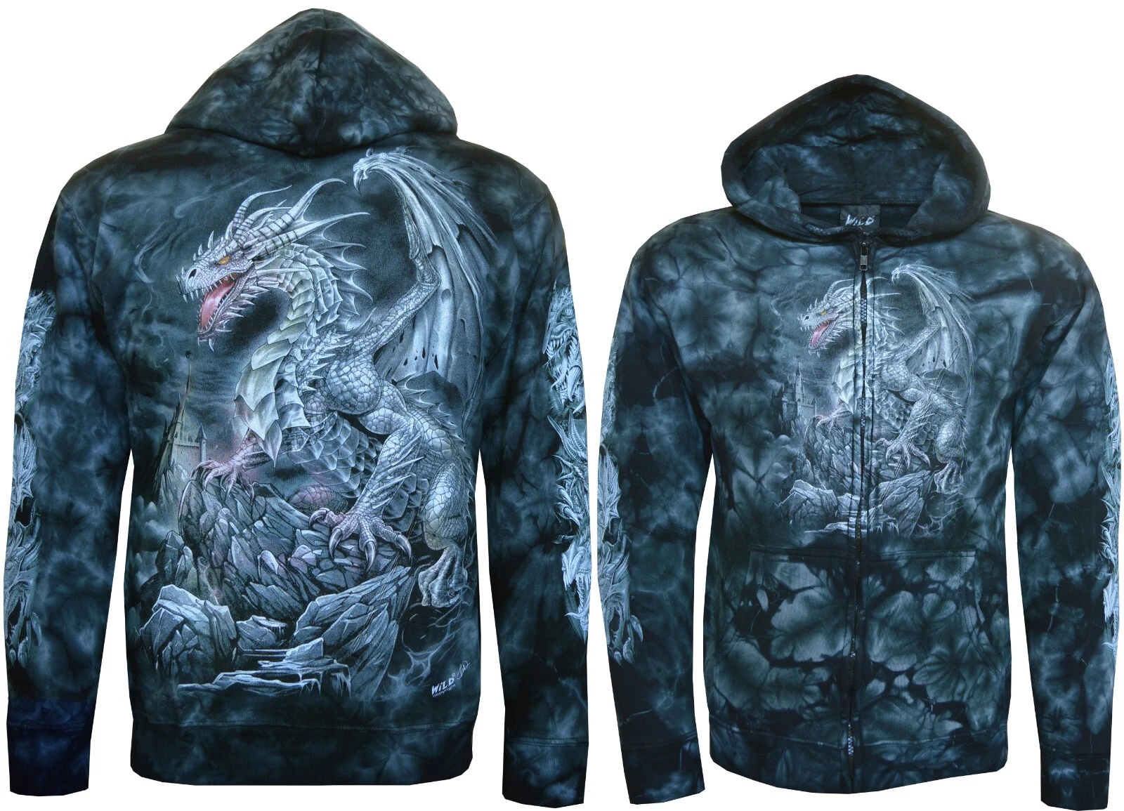 Tie Dye Hoodie Zip Up Ancient Silver Dragon Fantasy Castle Glow in Dark by Wild