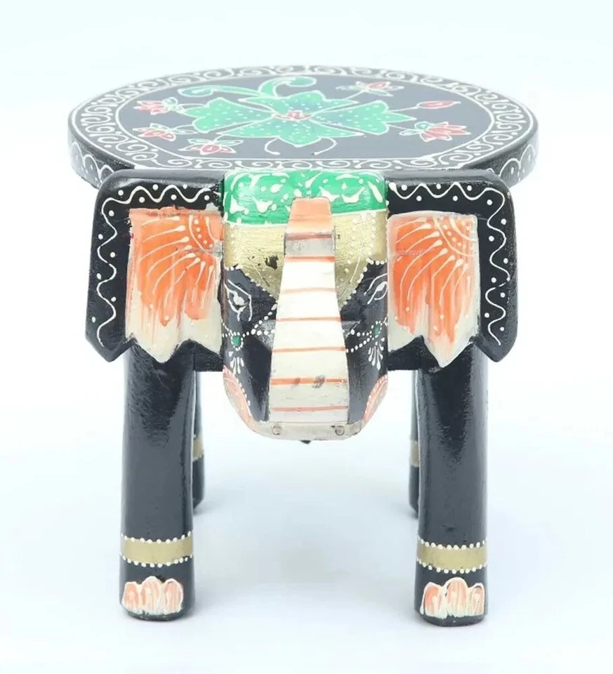 Indian Handmade Wooden Elephant Shape Black Multi Decor Side Table Statue Table - Image 4 of 4