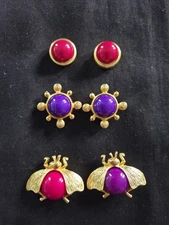 Vtg Button Covers 3 Pairs Metal &  Faux Gemstone Vibrant Color Bee