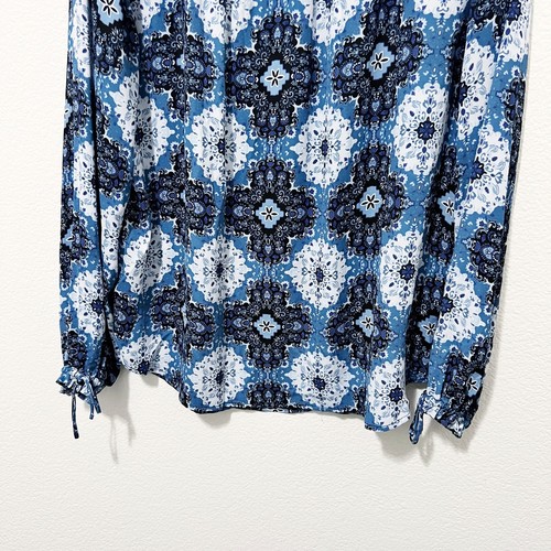 LOFT Size Medium M Blue Paisley Medallion Pintucked Long Sleeve Tie Cuff Blouse - Picture 6 of 12
