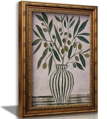 Vintage Gold Framed Vase Wall Art - Olive Branch - 16''L x 12''W - Minimalist