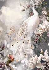 Glasbild 3D‑Relief 80x120 cm – Eleganter Weißer Pfau Wanddeko