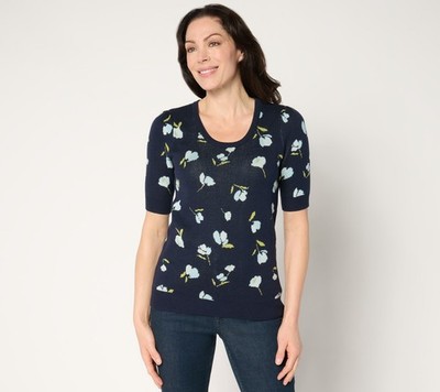 Susan Graver Puff Sleeve Jacquard Sweater Navy Floral 2X New