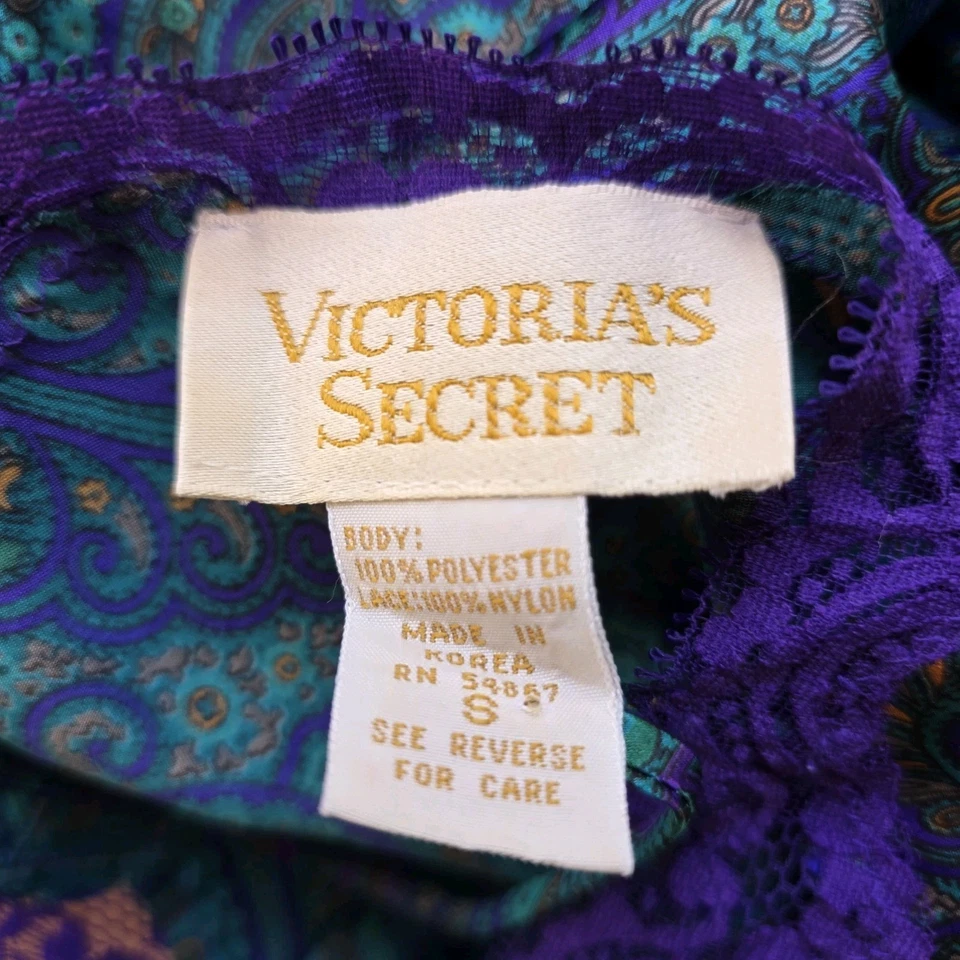 Vestido Victoria’s Secret Etiqueta Dorada Verde Azul Paisley Satén Chemise S Dormir Foto 4 de 4