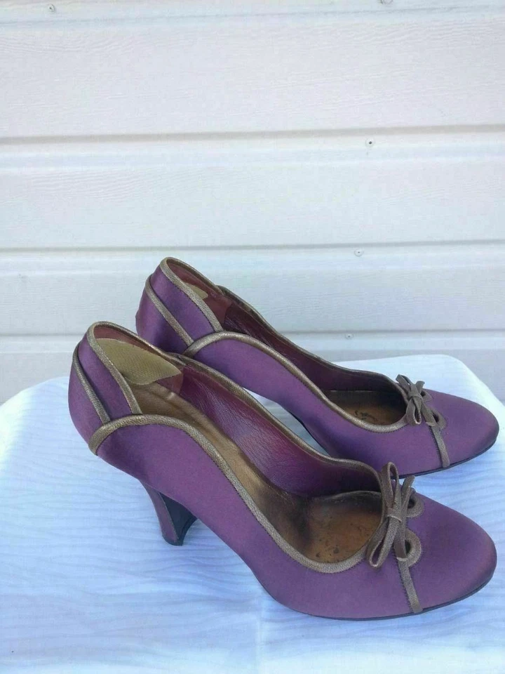 MIU MiU Prada фиолетовый атласный насосы туфли кожаная отделка блок каблуки США 8 ЕС 38 Италии - Изображение 3 из 4