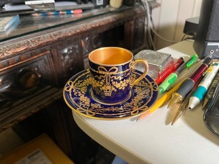 Antique fine Dresden demitasse cup and saucer cobalt and gold hand painted