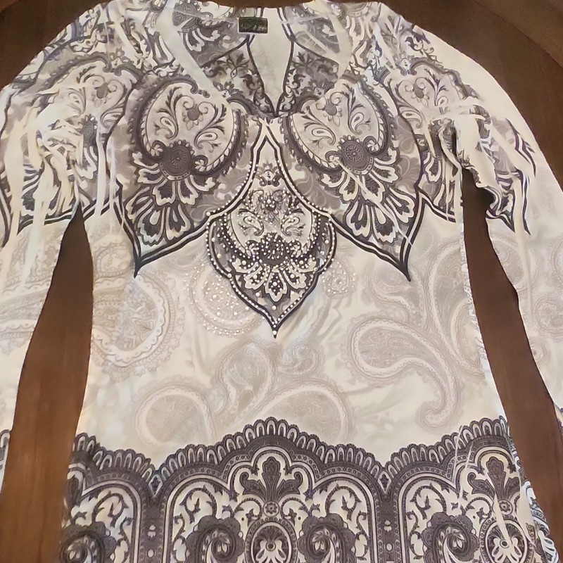 Daytrip Beaded Paisley Long Sleeve V-Neck Blouse Black White Gray L/XL