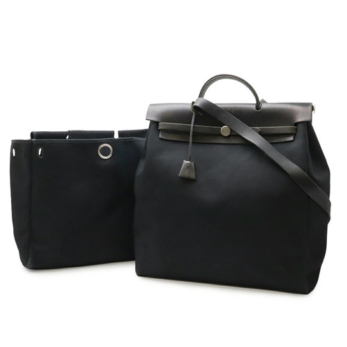Hermès Ale Bag MM 2-Way Shoulder Tote Canvas Leather Black #R930035