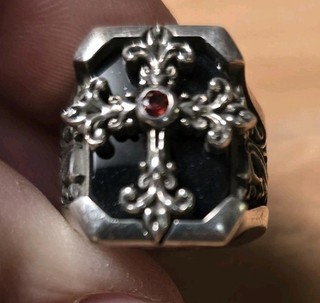 NO RESERVE! NightRider RARE Silver .925 Fleur De Lis CROSS RING Sz4.5 Onyx 23gr