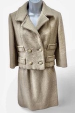 Vintage 1960s Boucle Wool Suit XS Beige Mini Skirt Cropped Blazer Jackie O
