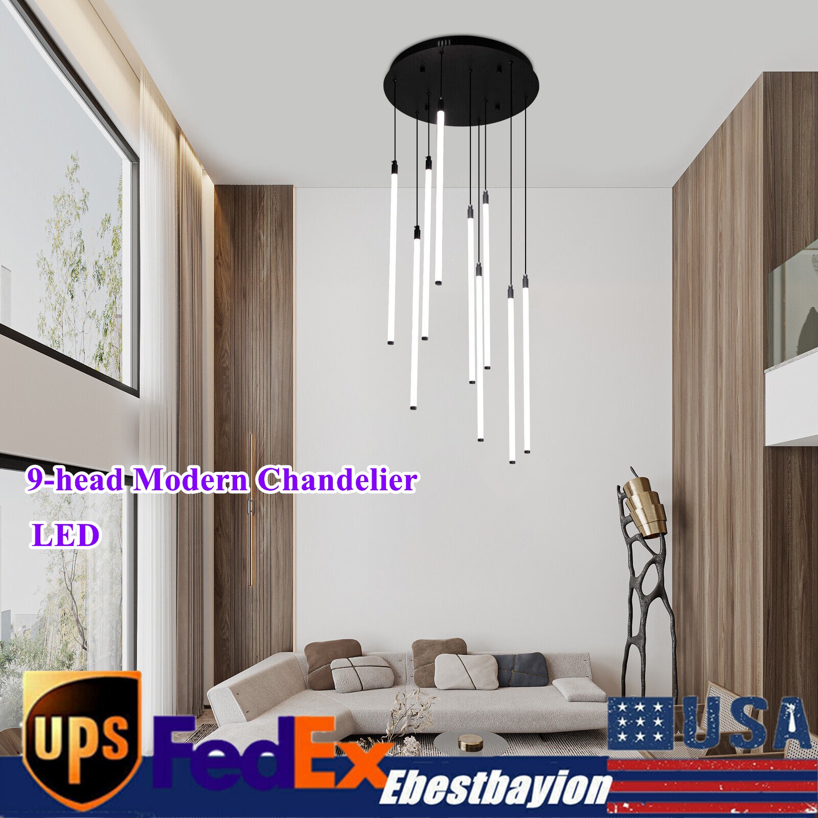 Modern 9-head adjustable chandelier pendant ceiling light with dimmable height
