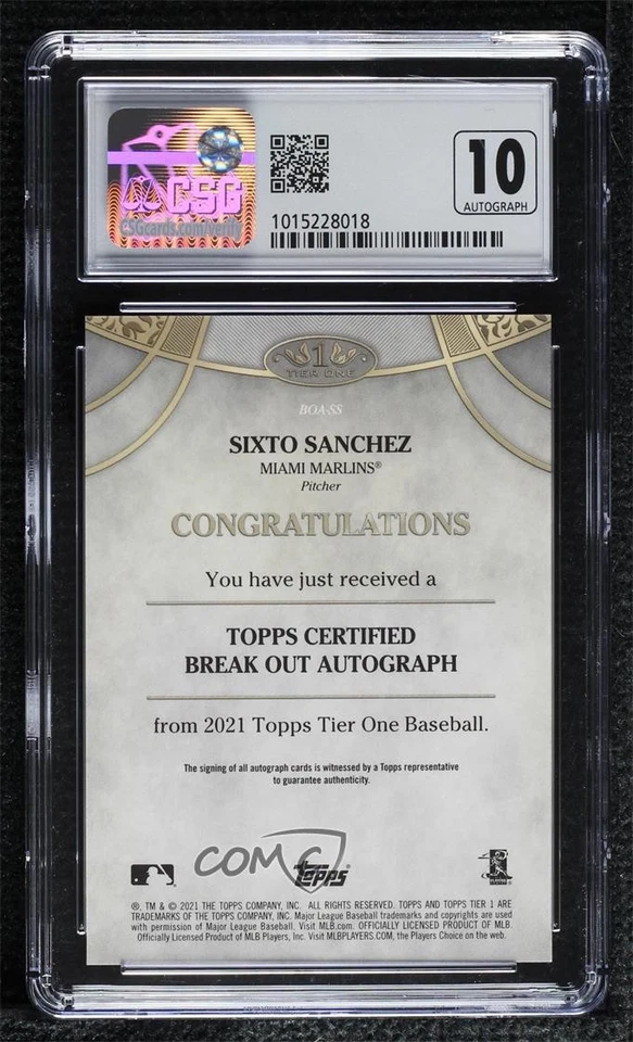 2021 Topps Tier One Break Out /300 Sixto Sanchez CSG 9 Mint Rookie Auto RC - Image 2 of 2