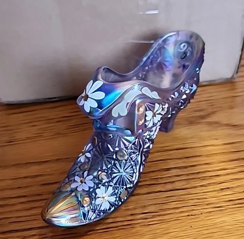 Fenton Handpainted Lavender Iridescent Cat Head GLASS SHOE Christine Fenton