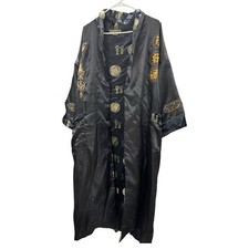 Unisex Black Embroidered Dragon Satin Robe Kimono NO BELT