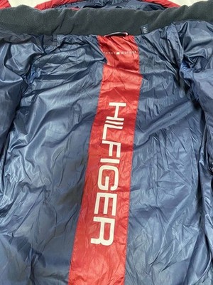 Tommy Hilfiger Men's Hooded Down Puffer Jacket Blue/Red Colorblock L Zip