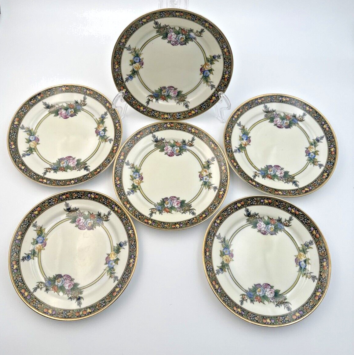 Noritake Floral Fruit Porcelain Plates Hand Painted 6 Inch Set of 6 Gold Vintage