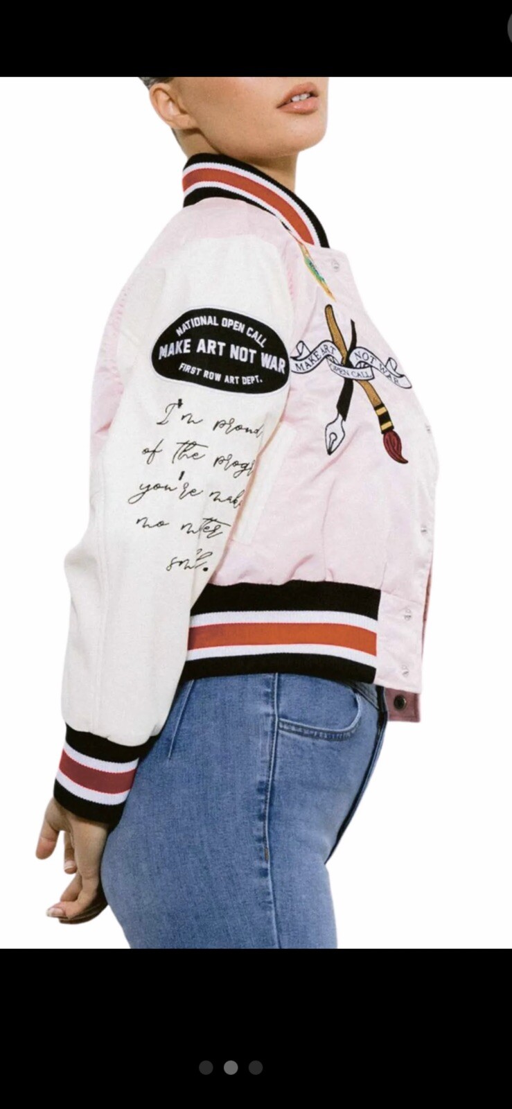 *NUOVO* Giacca donna prima fila con penna e pennello cropped Varsity Tg. (M LG)