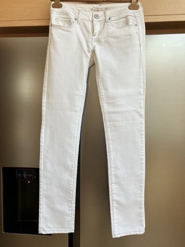 "Pantalones de mezclilla American Eagle ajustados crema clara para mujer UK6 L31"" elásticos tiro bajo"