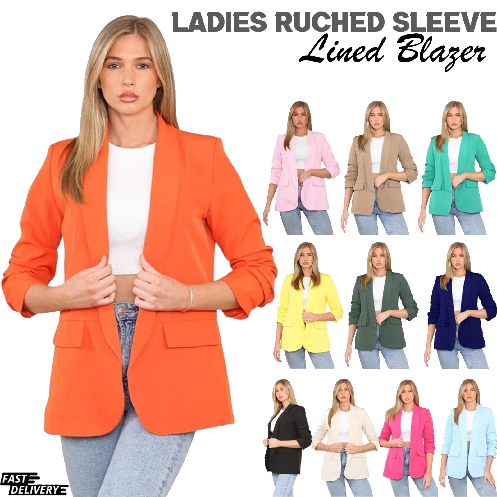 Womens Blazer Ruched Sleeve Lined Plain Collared Ladies Office Casual Jacket Top
Opens in a new wind