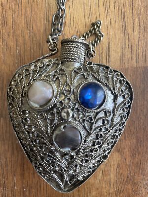 Antique Intricate HeartShape Brass & Stone Perfume Bottle