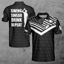 Custom Name American Golf Swing Swear Drink Repeat Polo Shirt S-5XL