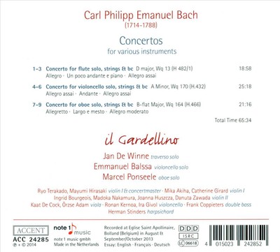 C.P.E. BACH: CONCERTOS FOR VARIOUS INSTRUMENTS NEW CD