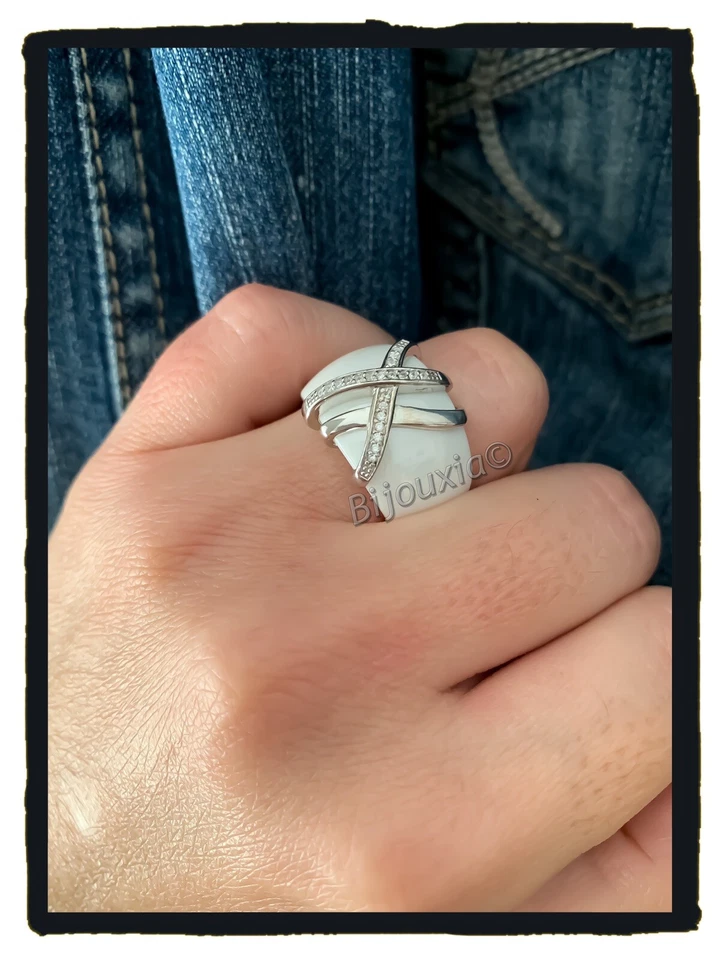 Bague Large Céramique Blanche Et Argent Empierrée Zirconium 52 et 58 - Photo 4/4