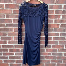 Phase Eight Evening Dress UK Size 12 Navy Blue Midi Lace Long Sleeves Round Neck