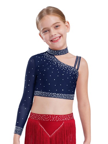 Girls Set Ballet 2 Piece Chiffon Outfits Modern Crop Top With Skirt Mock Neck - Picture 22 of 58