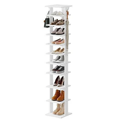 HOME BI 10 Tiers Vertical Shoe Rack, Tall Skinny Wooden Boot Shelf, Narrow  Slim