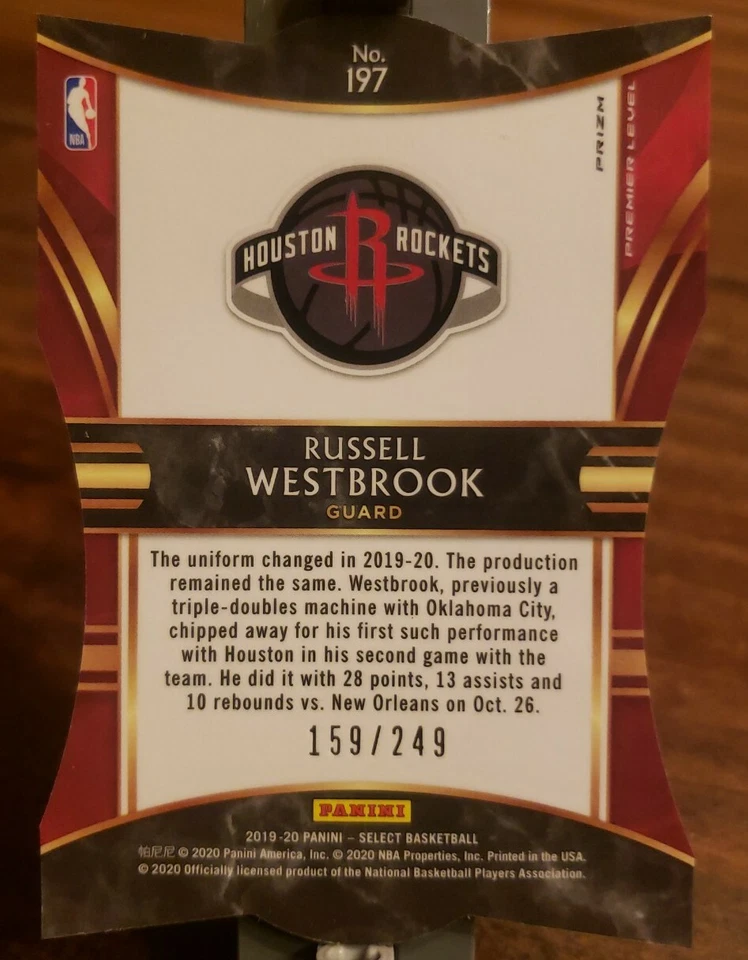 2019-20 Select Premier Level #197 Russell Westbrook Rockets BLUE DIE-CUT 159/249 - Imagem 2 de 3