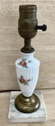 Antique BOUDOIR Lamp Hand Painted Milk Glass Brass w Marble Base Copper Socket