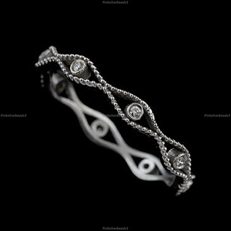 Natural Moissanite Wavy Wedding Band in 14k White Gold Fine Jewelry