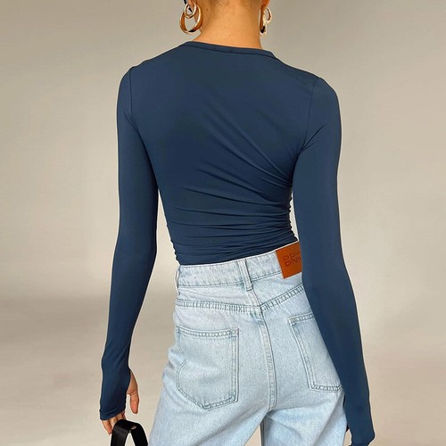 Spring T-Shirt Long Sleeve Crew Neck Slim Fit Ladies Crop Top with Thumb Holes - Picture 23 of 32