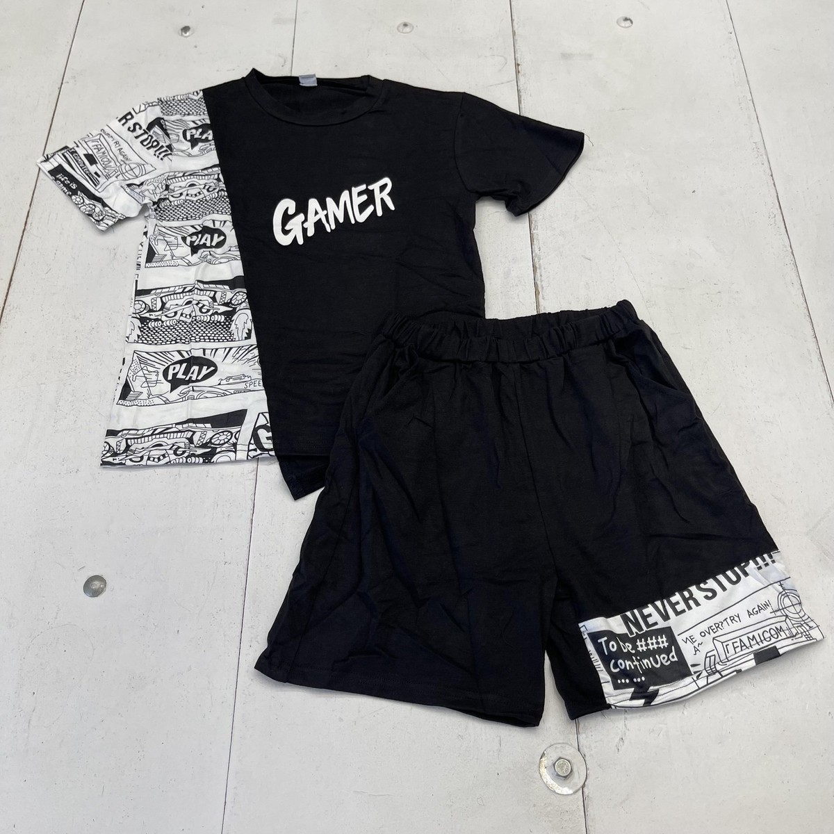 Gamer Shirt Shorts Set Boys 9-10Y Black Colorblock Comic Graphic 2
